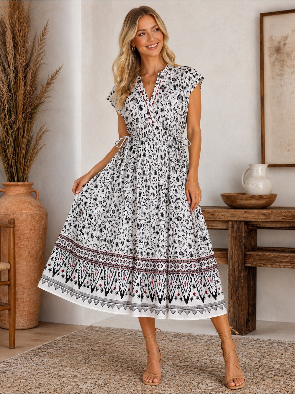 Xirena White Black Floral Tiered Boho Midi Dress Cotton Tie Waist Size S